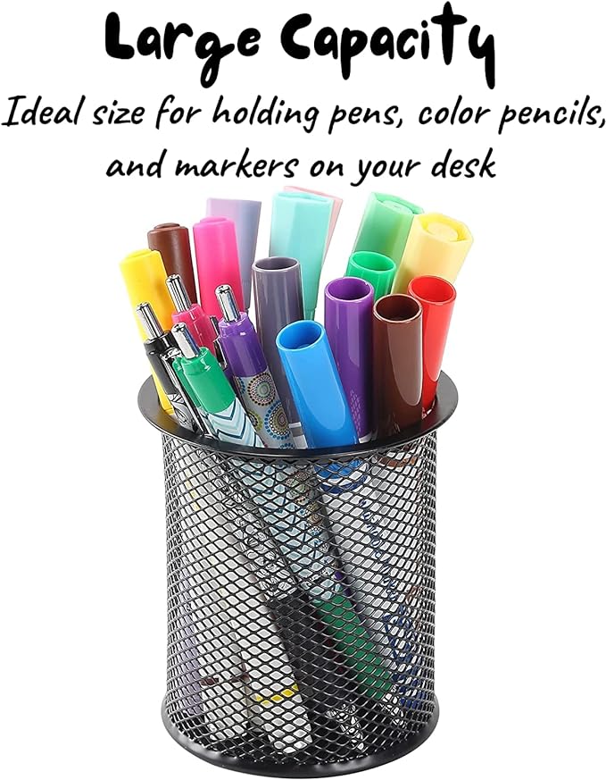 Set of 2, Black Round Mesh Pen Stand Pencil Holder